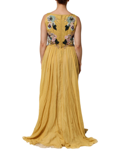 Dolce &amp; Gabbana – Maxikleid aus gelber Seide mit Blumenstickerei