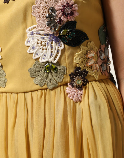 Dolce &amp; Gabbana – Maxikleid aus gelber Seide mit Blumenstickerei