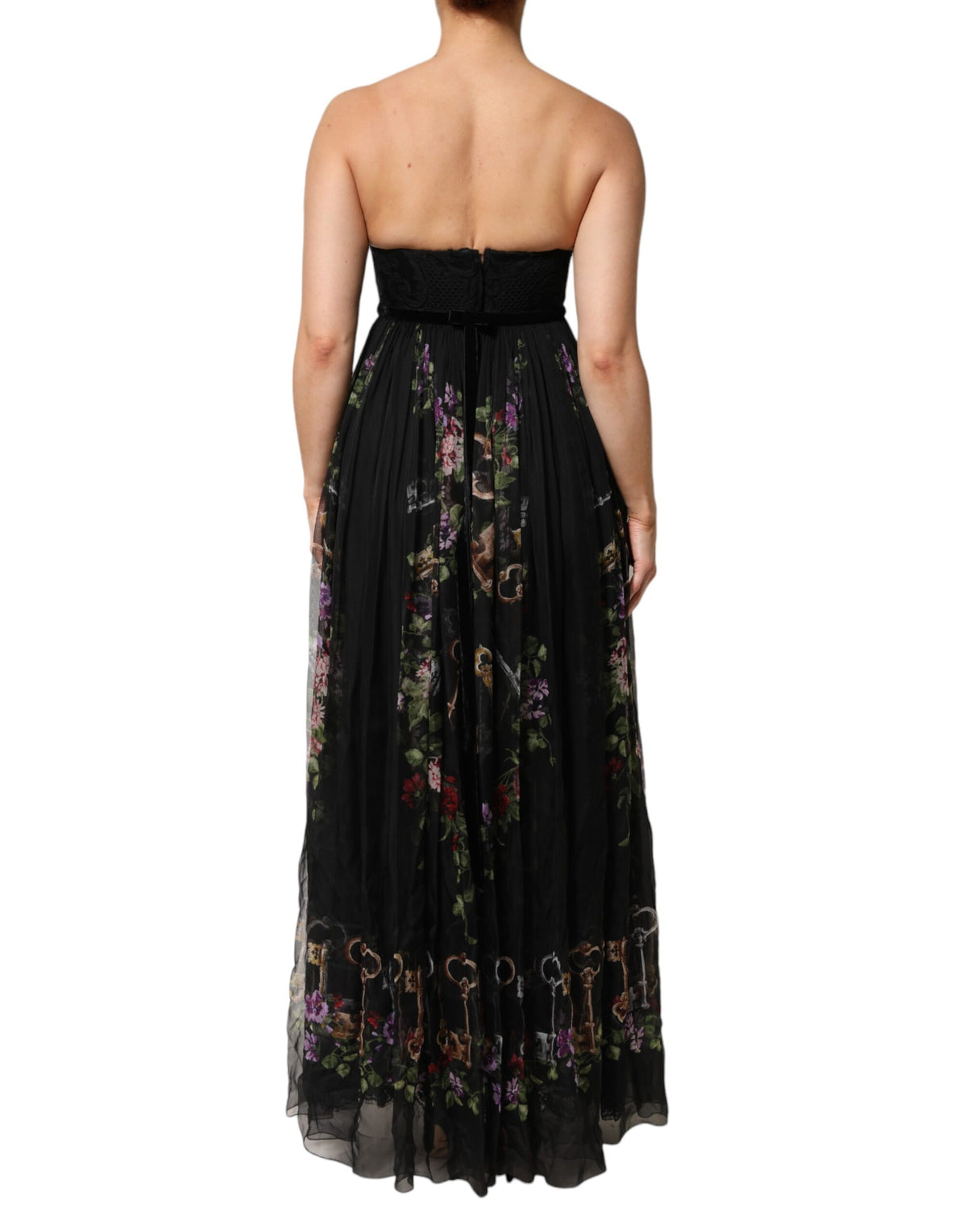 Dolce &amp; Gabbana Schwarzes trägerloses Kleid mit Blumen- und Schlüsselprint