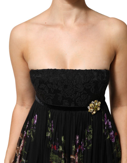 Dolce &amp; Gabbana Schwarzes trägerloses Kleid mit Blumen- und Schlüsselprint
