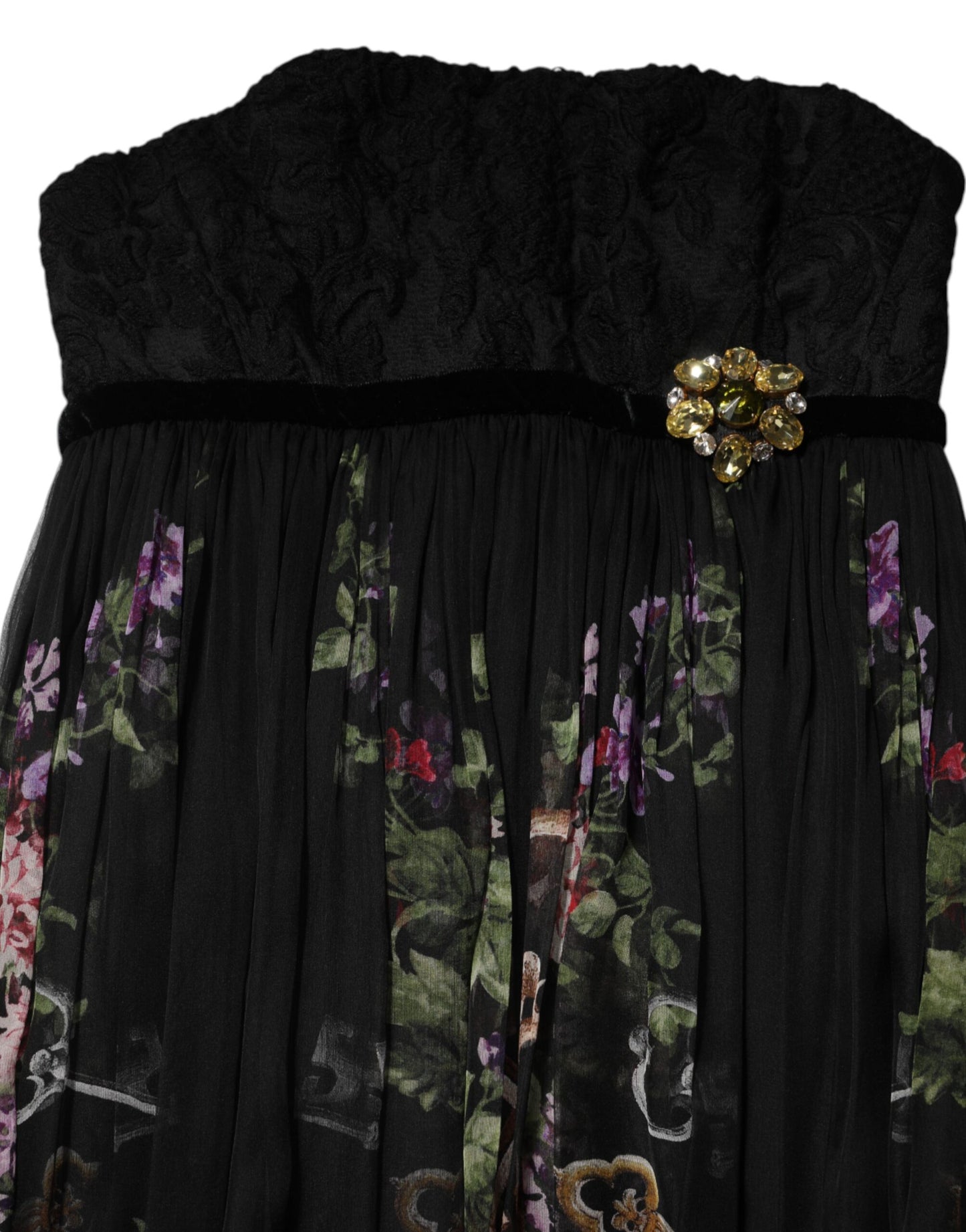 Dolce &amp; Gabbana Schwarzes trägerloses Kleid mit Blumen- und Schlüsselprint