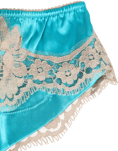 Dolce &amp; Gabbana, blauer Seidensatin mit Spitzenbesatz, neuer Slip