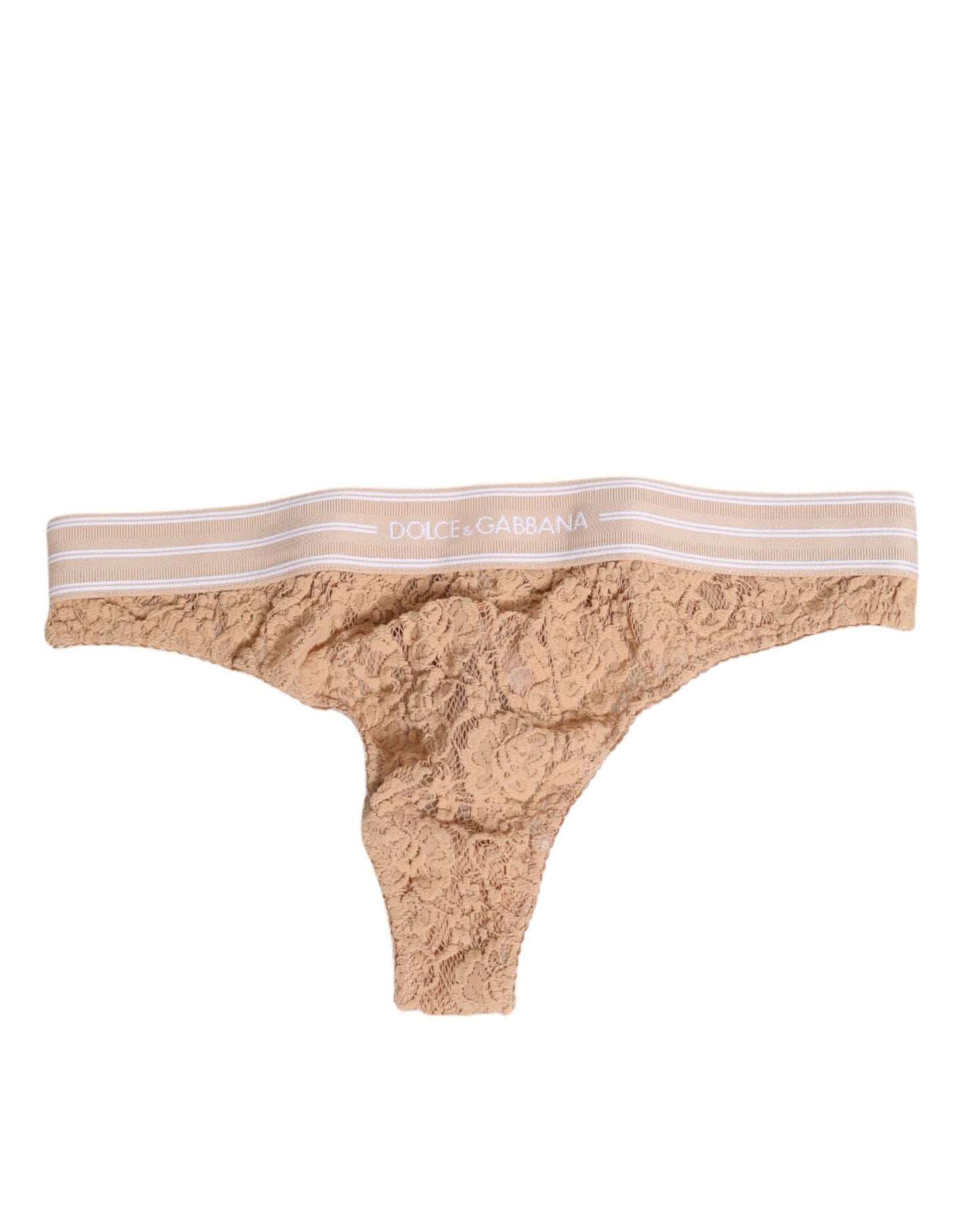 Dolce &amp; Gabbana – Tanga-Unterwäsche mit Spitzenlogo und elastischer Taille in Beige
