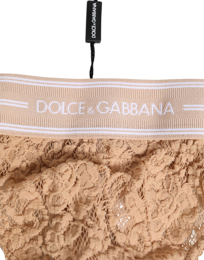 Dolce &amp; Gabbana – Tanga-Unterwäsche mit Spitzenlogo und elastischer Taille in Beige