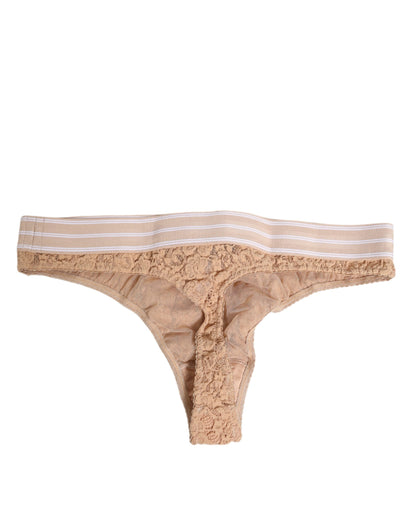 Dolce &amp; Gabbana – Tanga-Unterwäsche mit Spitzenlogo und elastischer Taille in Beige