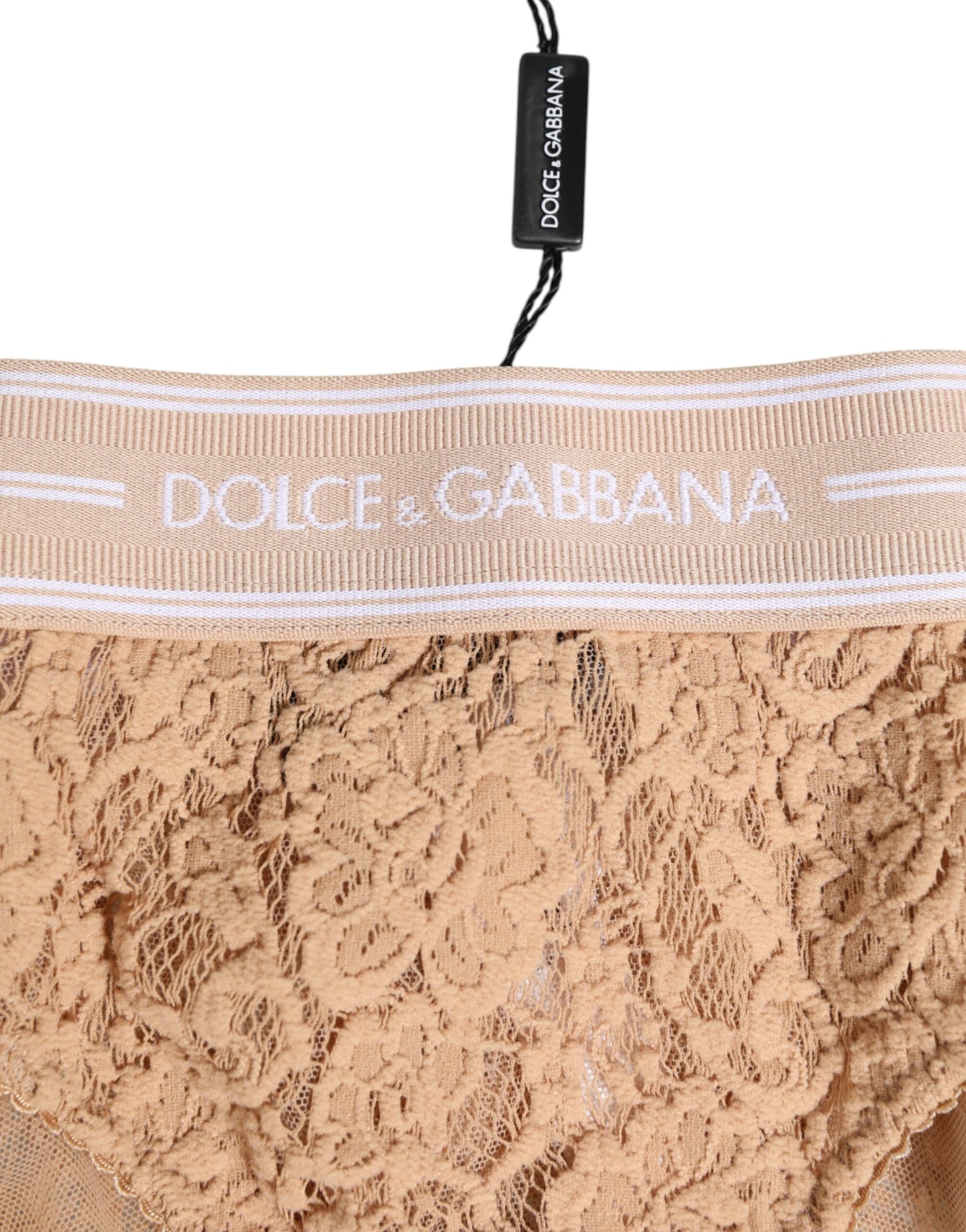Dolce &amp; Gabbana Beige Spitzen-Brasiliano-Slip mit Logobund