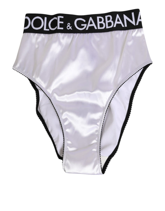 Dolce & Gabbana – Weiße Satin-Unterwäsche mit hoher Taille und schwarzem Logo für Damen