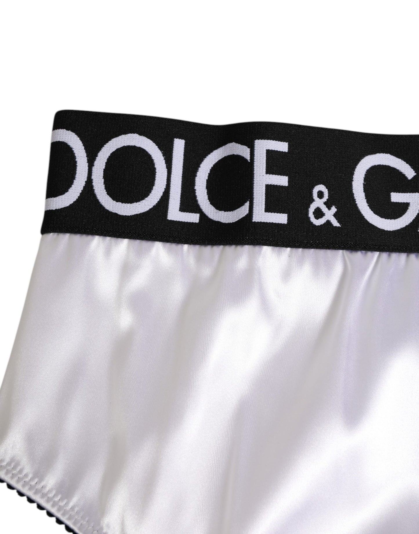 Dolce &amp; Gabbana – Weiße Satin-Unterwäsche mit hoher Taille und schwarzem Logo für Damen