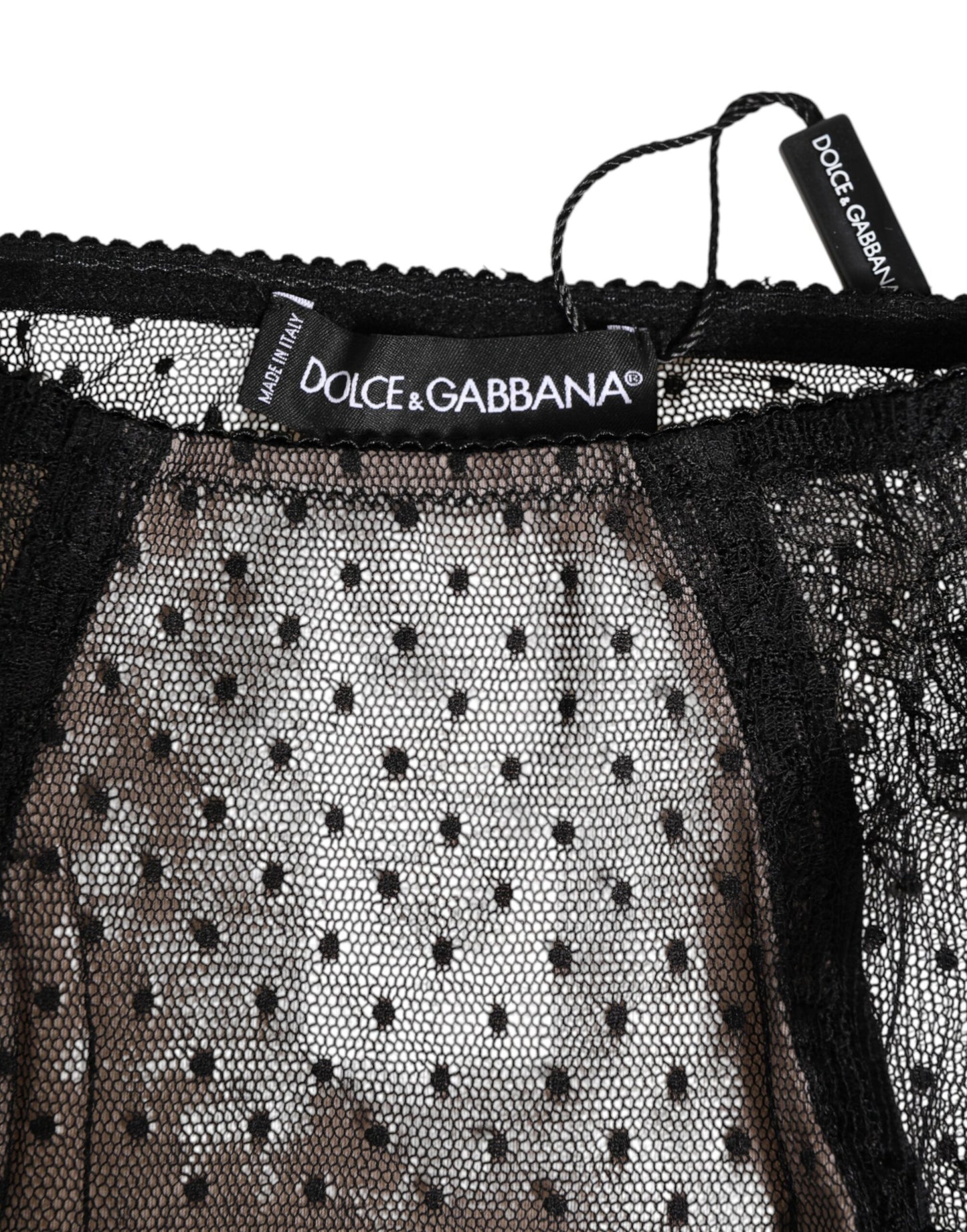 Dolce &amp; Gabbana – Schwarze, transparente Spitzenunterwäsche mit Punkten und hoher Taille