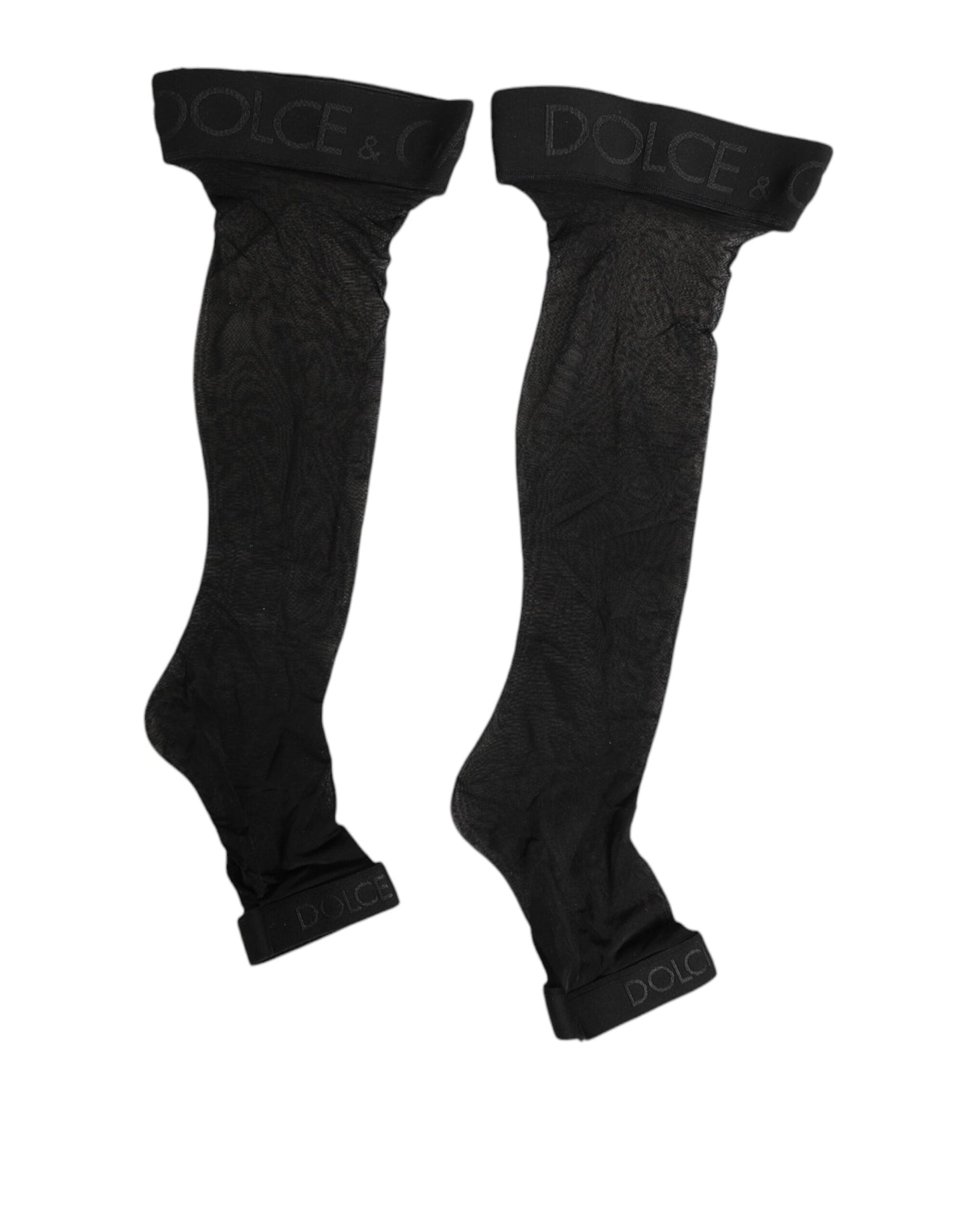 Dolce &amp; Gabbana – Schwarze Overknee-Strümpfe aus transparentem Nylon mit Logoband