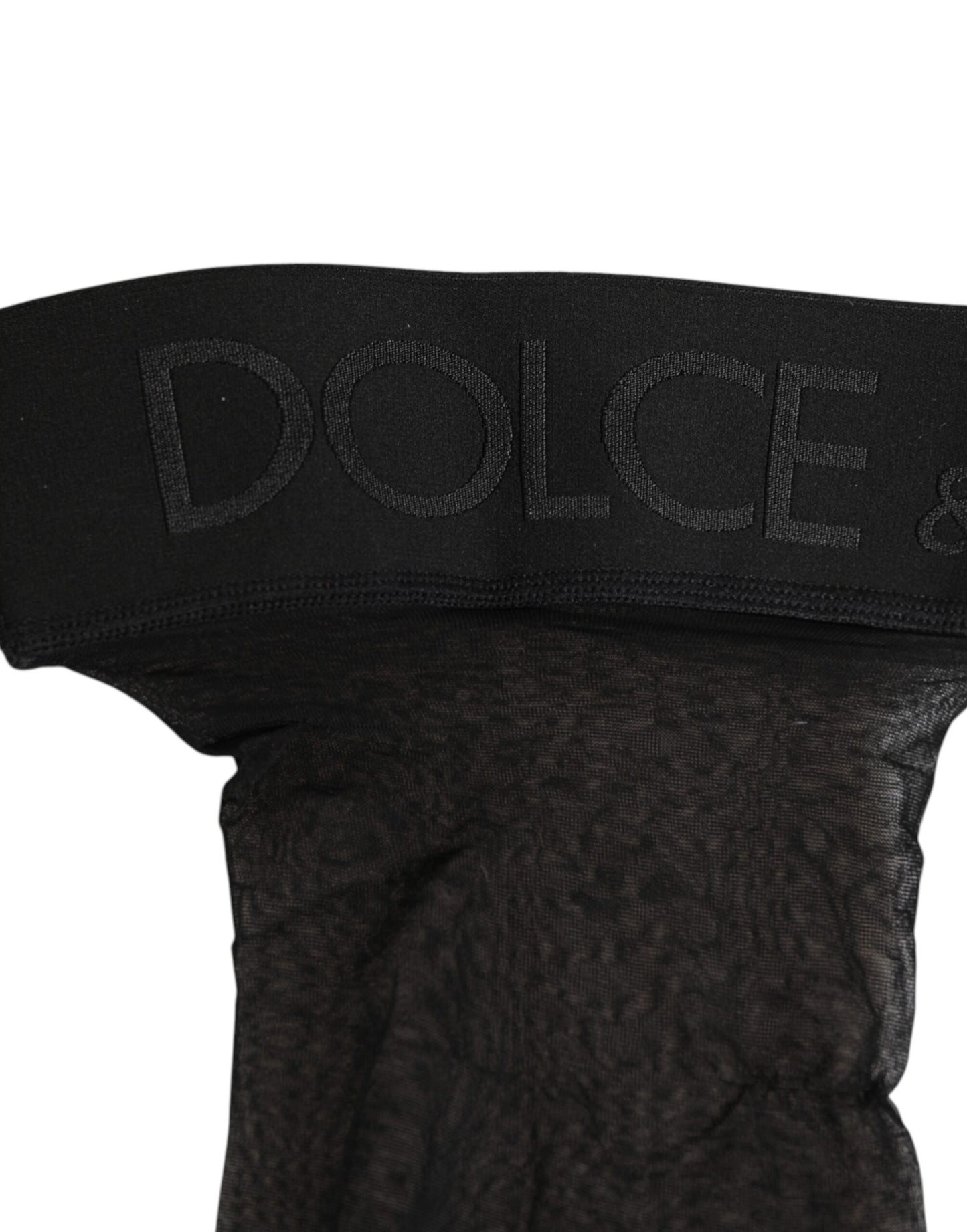 Dolce &amp; Gabbana – Schwarze Overknee-Strümpfe aus transparentem Nylon mit Logoband