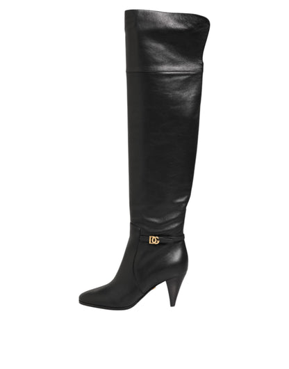 Dolce &amp; Gabbana – Overknee-Stiefel aus schwarzem Leder im DG-Stil