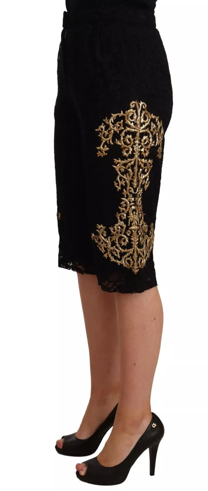 Dolce &amp; Gabbana Schwarze Spitze Gold Barock SPEZIALSTÜCK Shorts