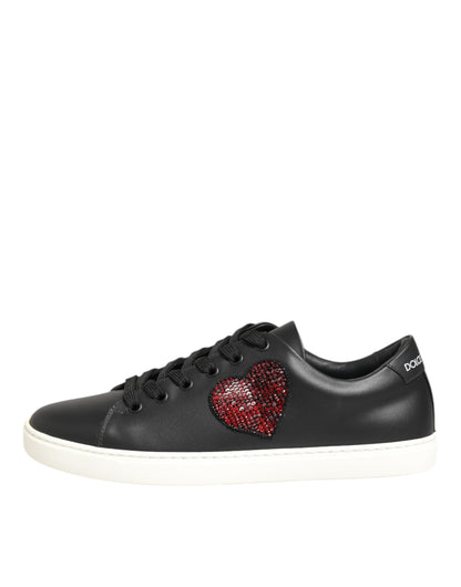 Dolce &amp; Gabbana Schwarz-Weiß-Leder-Sneakers mit Kristallherz