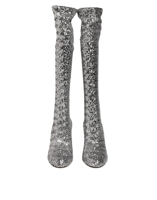 Dolce &amp; Gabbana Schuhe Silber Pailletten Glitter High Heel Boot Schuhe