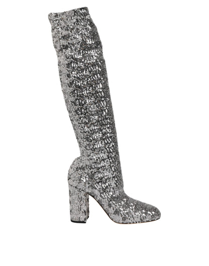 Dolce &amp; Gabbana Schuhe Silber Pailletten Glitter High Heel Boot Schuhe