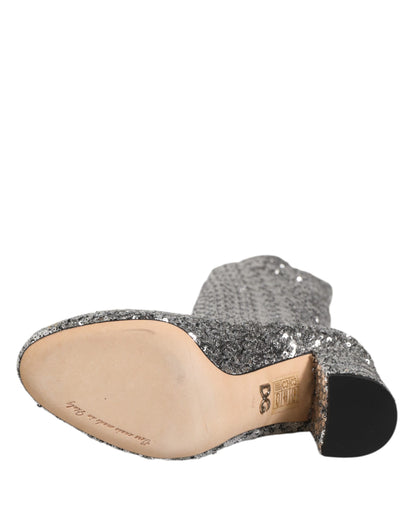 Dolce &amp; Gabbana Schuhe Silber Pailletten Glitter High Heel Boot Schuhe