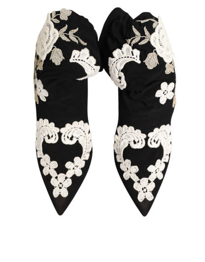 Dolce &amp; Gabbana Schwarz Weiß bestickte Jersey Stiletto Stiefel Schuhe