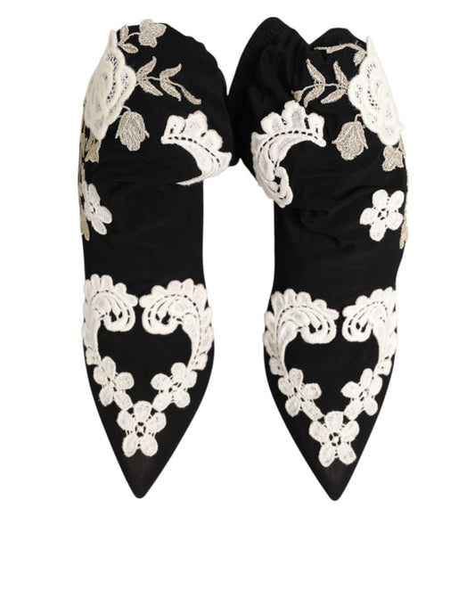 Dolce &amp; Gabbana Schwarz Weiß bestickte Jersey Stiletto Stiefel Schuhe