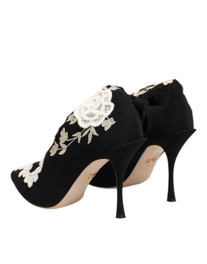 Dolce &amp; Gabbana Schwarz Weiß bestickte Jersey Stiletto Stiefel Schuhe