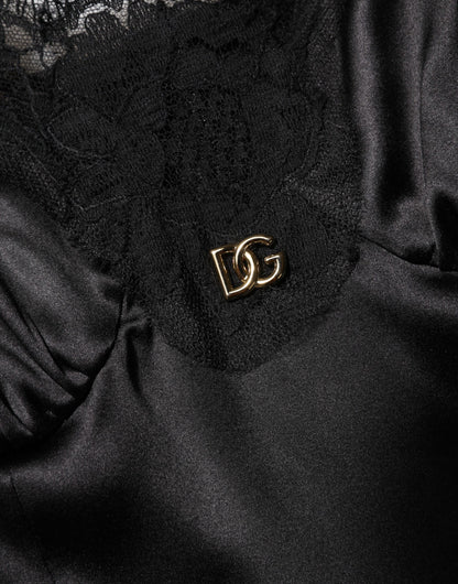 Dolce &amp; Gabbana Schwarzes ärmelloses Minikleid aus Seidenmischung mit Spitzenbesatz