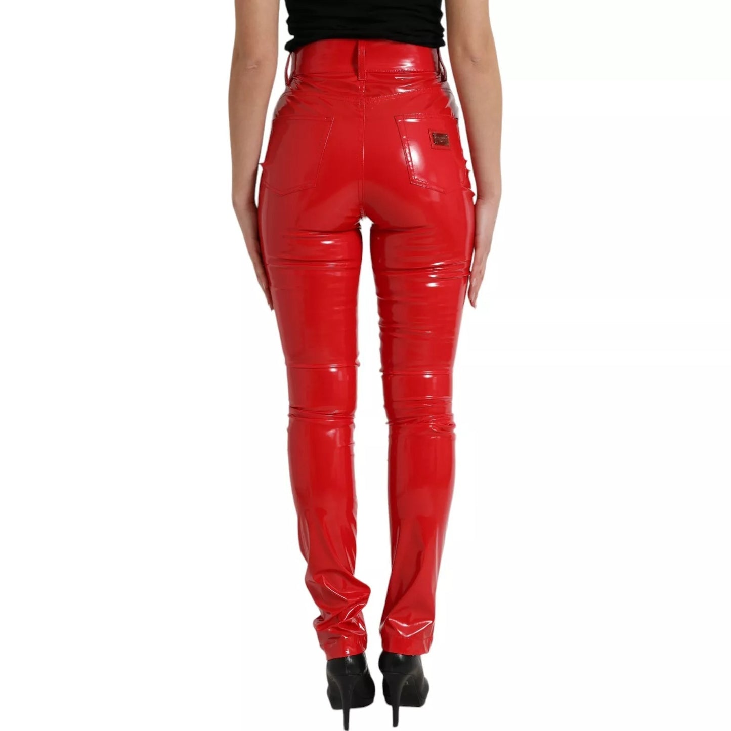 Dolce &amp; Gabbana – Rote, hoch taillierte Skinny-Hose mit glänzender Hose