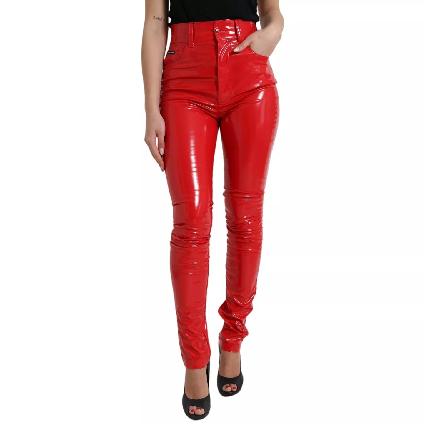 Dolce &amp; Gabbana – Rote, hoch taillierte Skinny-Hose mit glänzender Hose