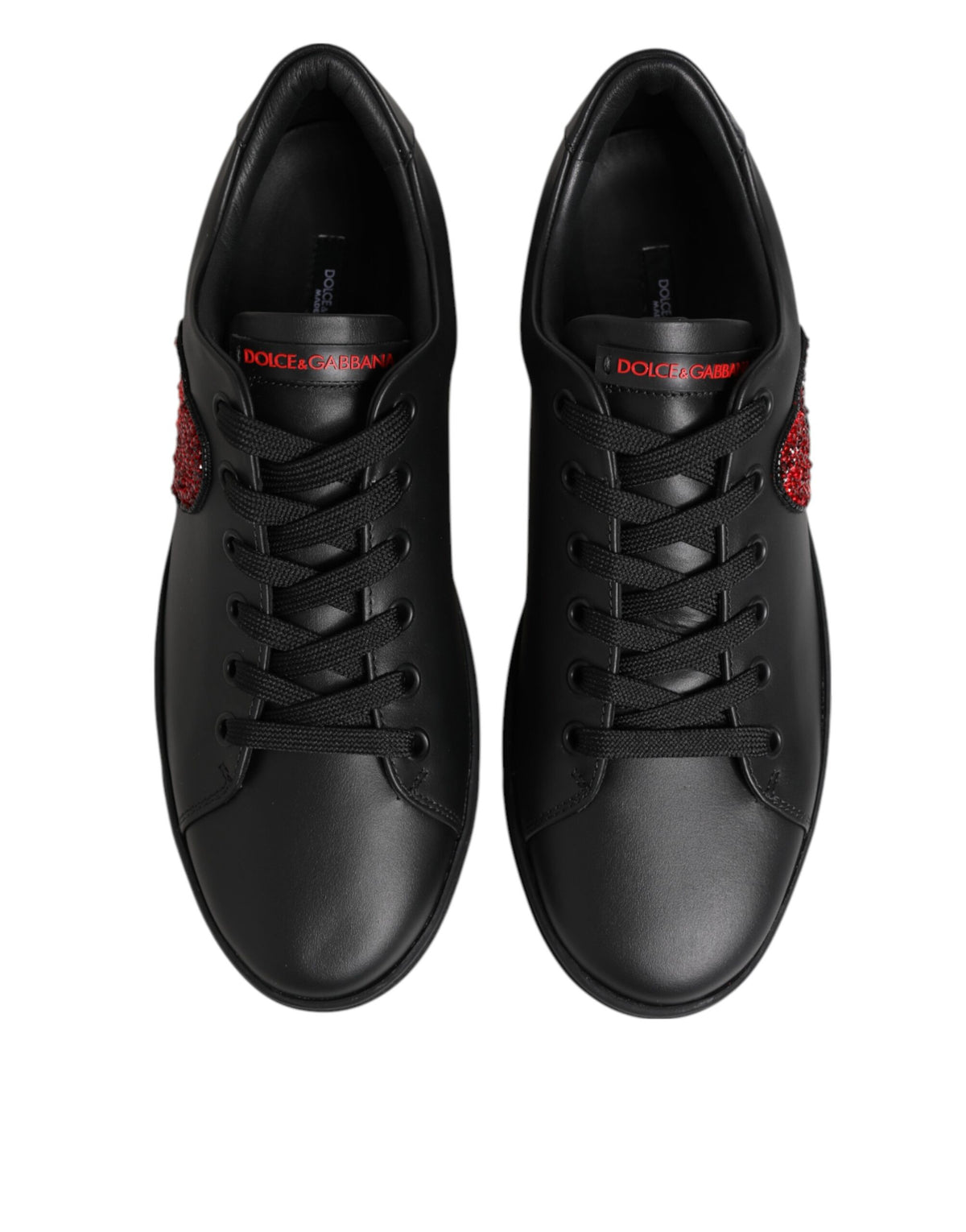 Dolce &amp; Gabbana Schwarze Leder Kristall Herz Low Top Sneakers Schuhe