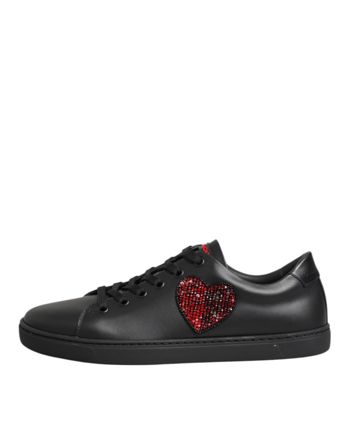 Dolce &amp; Gabbana Schwarze Leder Kristall Herz Low Top Sneakers Schuhe