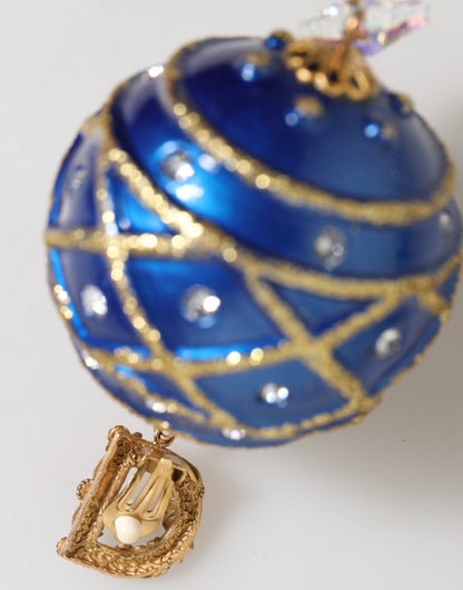 Dolce &amp; Gabbana Ohrclips aus goldfarbenem Messing mit blauen Weihnachtskugeln und Kristalltropfen