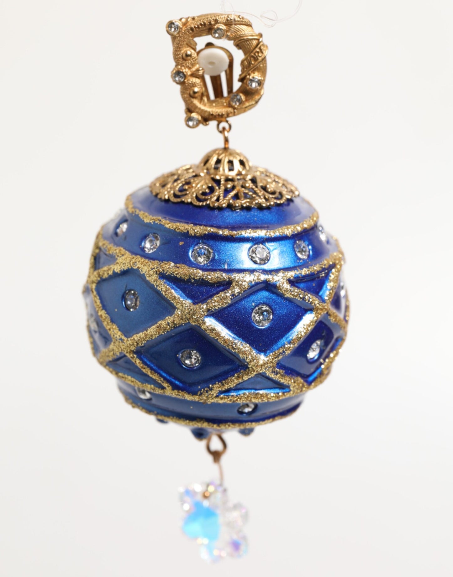 Dolce &amp; Gabbana Ohrclips aus goldfarbenem Messing mit blauen Weihnachtskugeln und Kristalltropfen