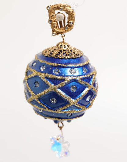 Dolce &amp; Gabbana Ohrclips aus goldfarbenem Messing mit blauen Weihnachtskugeln und Kristalltropfen