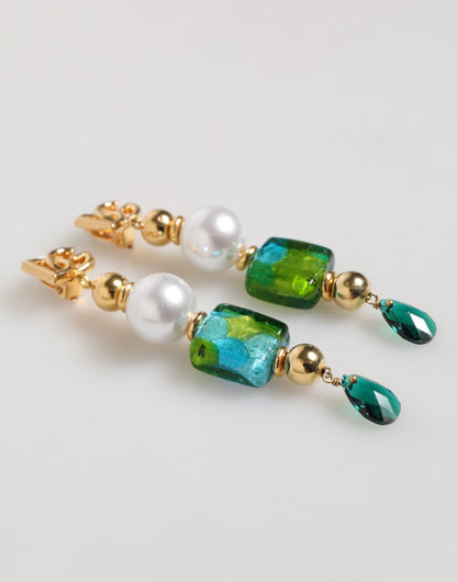 Dolce & Gabbana Gold Brass Multicolour Pearl Green Blue Drop Logo DG Earrings
