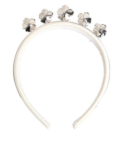 Dolce & Gabbana White Satin Palladium Silver Floral Crown Tiara Headband