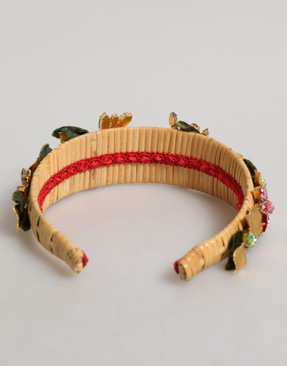 Dolce &amp; Gabbana, mehrfarbiges Haarband mit Kristall-Blumenmotiv in Gold und Grün aus Samt mit Krone