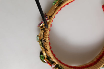 Dolce &amp; Gabbana, mehrfarbiges Haarband mit Kristall-Blumenmotiv in Gold und Grün aus Samt mit Krone
