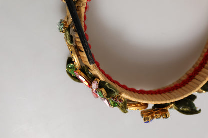Dolce &amp; Gabbana, mehrfarbiges Haarband mit Kristall-Blumenmotiv in Gold und Grün aus Samt mit Krone