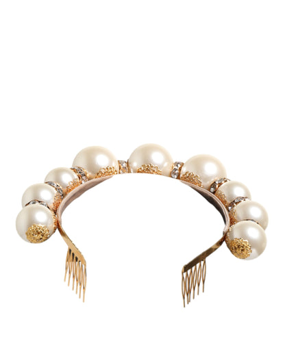 Dolce & Gabbana Gold Pearl Crystal Embellished Tiara Hair Accessory Headband