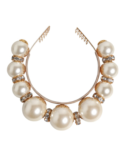 Dolce & Gabbana Gold Pearl Crystal Embellished Tiara Hair Accessory Headband