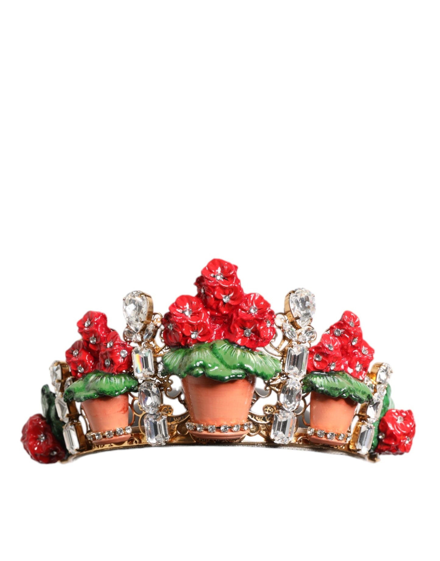 Dolce &amp; Gabbana, roter Blumentopf mit Kristallen und goldener Krone, Tiara-Haarreif