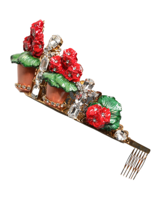 Dolce &amp; Gabbana, roter Blumentopf mit Kristallen und goldener Krone, Tiara-Haarreif