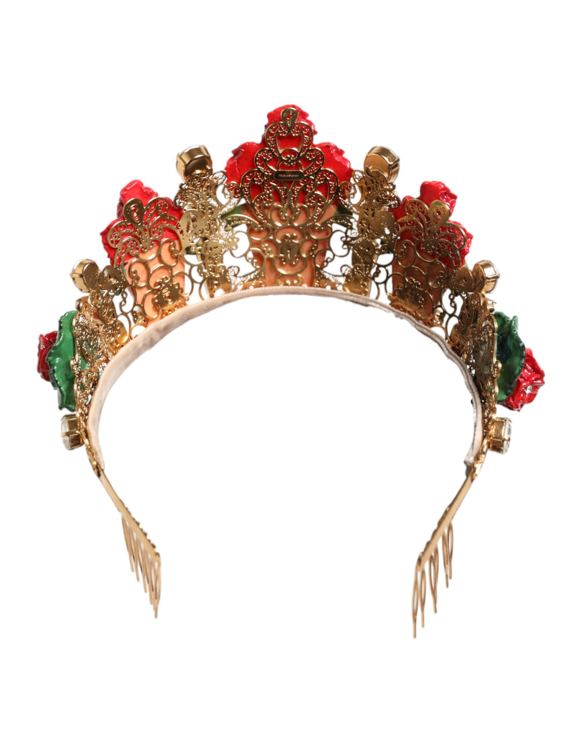 Dolce &amp; Gabbana, roter Blumentopf mit Kristallen und goldener Krone, Tiara-Haarreif