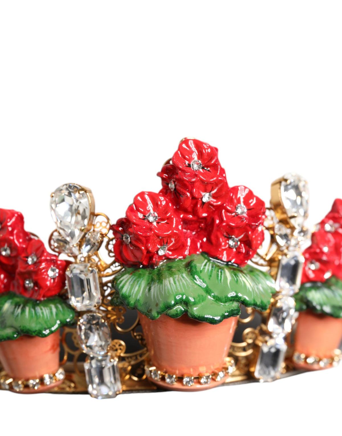 Dolce &amp; Gabbana, roter Blumentopf mit Kristallen und goldener Krone, Tiara-Haarreif