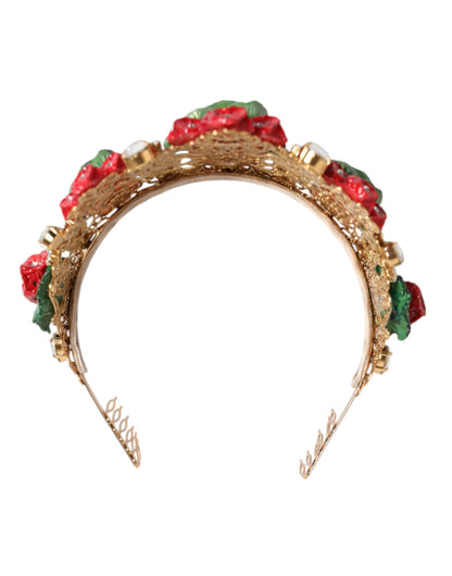 Dolce &amp; Gabbana, roter Blumentopf mit Kristallen und goldener Krone, Tiara-Haarreif
