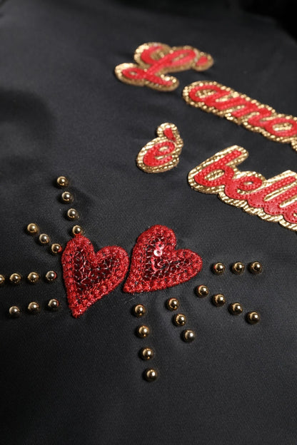 Dolce &amp; Gabbana – Schwarzer Kinderrucksack mit L'Amore-Aufnäher und Herzverzierung