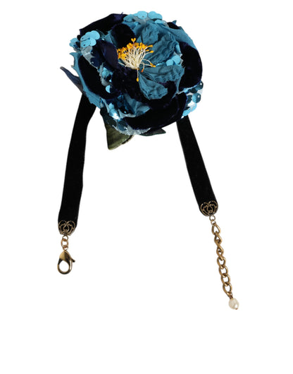 Dolce &amp; Gabbana Blaue Halskette mit Samt-Choker und Kristallperlen