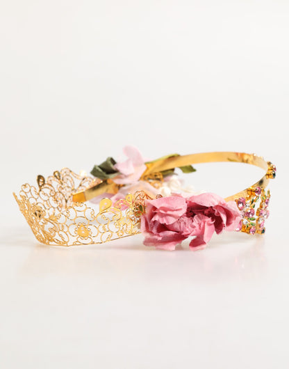Dolce &amp; Gabbana – Goldfarbenes Blumen-Diadem mit rosa Rosen und Kristallkrone