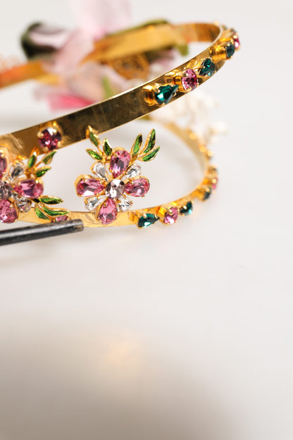 Dolce &amp; Gabbana – Goldfarbenes Blumen-Diadem mit rosa Rosen und Kristallkrone