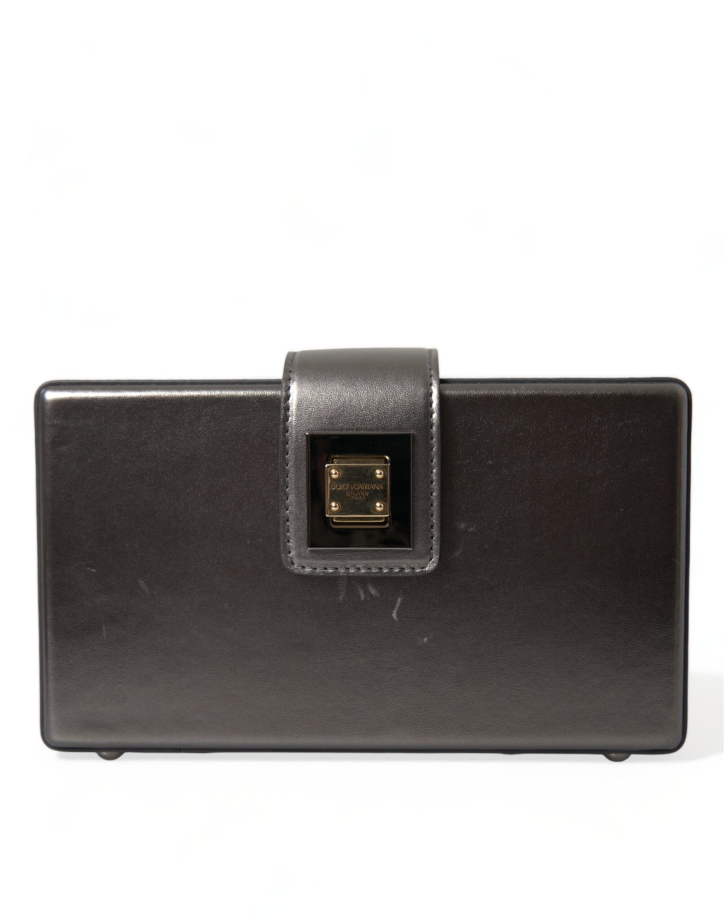 Dolce &amp; Gabbana – Schultertasche aus kastenförmigem Leder in Stahlgrau mit goldenem DG-Logo