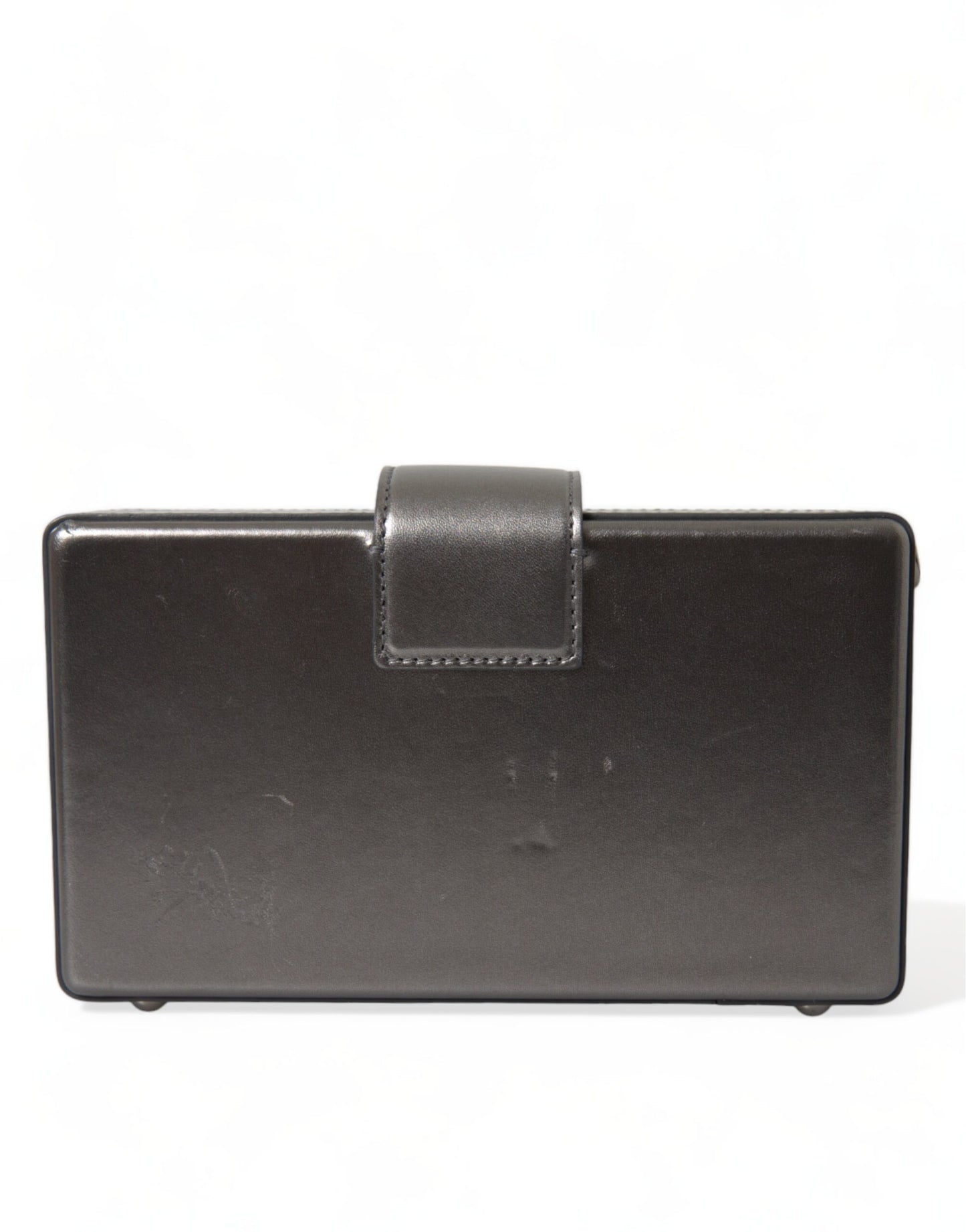 Dolce &amp; Gabbana – Schultertasche aus kastenförmigem Leder in Stahlgrau mit goldenem DG-Logo